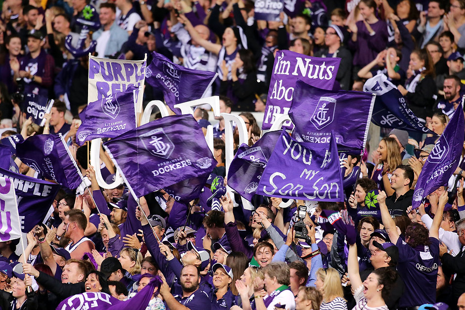 AFL 2015 First Preliminary Final - Fremantle v Hawthorn PERTH, AUSTRALIA - SEPTEMBER 25: Fremantle fans celebrate after a goal is scored during the 2015 AFL First Preliminary Final match between the Fremantle Dockers and the Hawthorn Hawks at Domain Stadium, Perth, Australia on September 25, 2015. (Photo by Will Russell/AFL Media)
